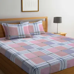 Arrabi Peach Geometric 300 TC Cotton Blend King Size Fitted Bedsheet With 2 Pillow Covers-image-70