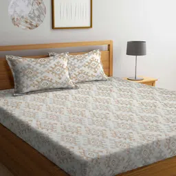 Arrabi Cotton Blend King Size Fitted Bedsheet with 2 Pillow Covers-image-3
