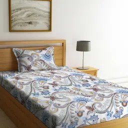 FABINALIV White & Blue Ethnic Motifs 300 TC Single Bedsheet with 1 Pillow Cover-image-78
