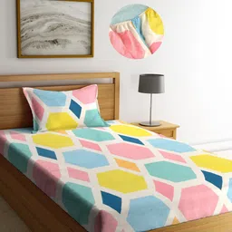 KLOTTHE Multicoloured Geometric 300 TC Fitted Single Bedsheet with Pillow Cover-29