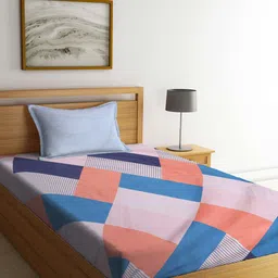 KLOTTHE Blue & Orange Geometric Cotton Blend 300 TC Single Bedsheet With 1 Pillow Cover-picture-17