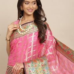 Silk Land Pink & Golden Checked Woven Design Zari Kanjeevaram Saree-image-6