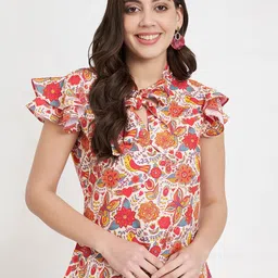 CHARMGAL Floral Printed Tie-Up Neck Short Sleeves Flutter Sleeve Top-image-23
