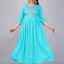 KALINI Women Turquoise Blue Yoke Design Thread Work A-line Kurta-picture-18