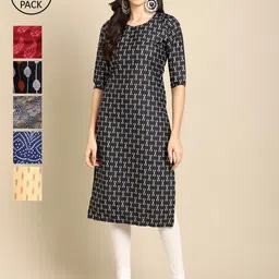 7Threads Women Pack of 6 Digital Printed Crepe Straight Kurtas-picture-4
