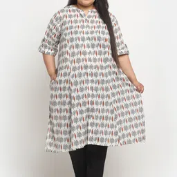 sindrellastorie Plus Size Floral Printed Band Collar Roll Up Sleeves Pure Cotton Kurta-5