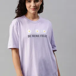 HERENOW Women Lavender Typography Printed Drop-Shoulder Sleeves Pure Cotton T-shirt-image-19