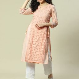 Rangriti Floral Embroidered Notch Neck Sequined Cotton Layered A-Line Kurta-32