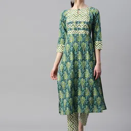 Indibelle Ethnic Motifs Printed Keyhole Neck Gotta Patti A-Line Cotton Kurta-picture-7