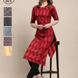 7Threads Pack Of 6 Women Printed Crepe Kurta-image-8