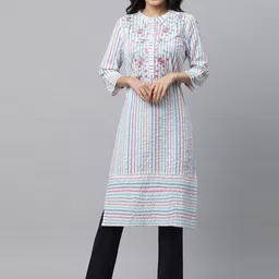 AURELIA Floral Thread Work Yoke Design Striped Printed Mandarin Collar A-Line Kurta-18