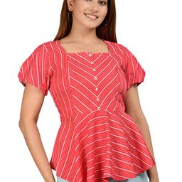 YASH GALLERY Red & White Geometric Printed Flared Sleeves Top-13
