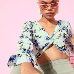 Berrylush Women Enchanting Sea Green Floral Bell Sleeves Top-image-66