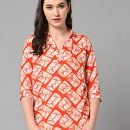 KALINI Geometric Print Roll-Up Sleeves Top-56
