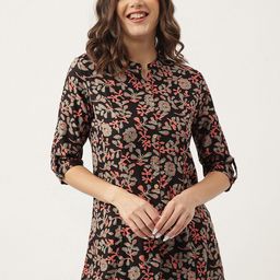 Divena Black Floral Printed Mandarin Collar Shirt Style Top-image-12