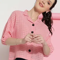 CLEMIRA Geometric Self Design Notched Lapel Collar Shirt Style Top-image-94