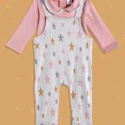Moms Love Infant Girls Grey & Pink Conversational Print Dungaree with T-shirt-image-2