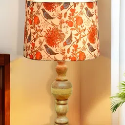 Homesake Beige Printed Wood Cylindrical Shaped Table Lamp with Bulb-88
