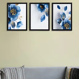 Giftii 3-Pcs White & Blue Printed Wooden Framed  Wall Art-21