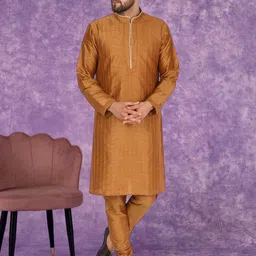 SKAVIJ Striped Embroidered Mandarin Collar Thread Work Straight Kurta With Pyjamas-picture-3