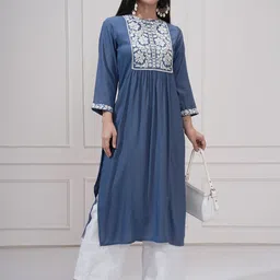 Vishudh Floral Yoke Design Round Neck Pleated Thread Work A-Line Kurta-picture-17