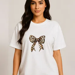 WOBE Women Bow Print Printed Round Neck Pure Cotton T-shirt-image-74