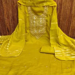 HERE&NOW Women Yellow Embroidered Art Silk Unstitched Dress Material-picture-27