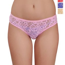 Selfcare Pack of 3 Mid-Rise Net Self Design Panties Bikini Briefs Set SN2392-L-98
