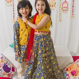pspeaches Girls Navy Blue & Mustard Embroidered Ready to Wear Lehenga & Blouse With Dupatta-42