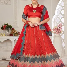 Warthy Ent Red & Green Embroidered Thread Work Semi-Stitched Lehenga & Unstitched Blouse With Dupatta-11