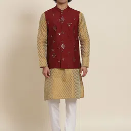 SOJANYA Men Mustard Yellow Ethnic Motifs Kurta with Pyjamas & Nehru Jacket-picture-16