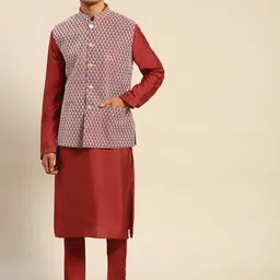 RAJUBHAI HARGOVINDAS Men Maroon Embroidered Pure Silk Kurta With Pyjamas & Nehru Jacket-picture-52