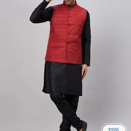 VASTRAMAY Mandarin Collar Straight Kurta With Churidar & Woven Design Nehru Jacket-picture-14