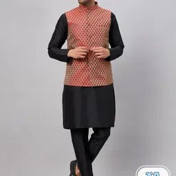 VASTRAMAY Mandarin Collar Kurta with Churidar & Nehru Jacket-image-53