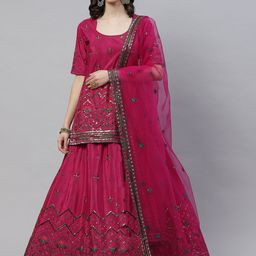 SHUBHKALA Magenta Embroidered Sequinned Semi-Stitched Lehenga & Blouse With Dupatta-image-43