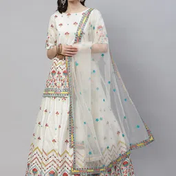 SHUBHKALA Beige Embroidered Sequinned Semi-Stitched Lehenga & Blouse With Dupatta-image-21