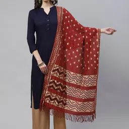 WEAVERS VILLA Maroon & Golden Ethnic Motifs Woven Design Cotton Silk Dupatta-image-60