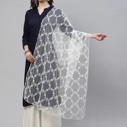 WEAVERS VILLA White Ethnic Motifs Embroidered Dupatta-image-58