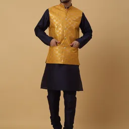 KRAFT INDIA Mandarin Collar Kurta and Churidar With Sequined Cotton Silk Nehru Jacket-image-40