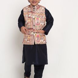 Benstoke Boys Navy Blue Solid Silk Blend Straight Kurta with Churidar & Nehru jacket-image-97