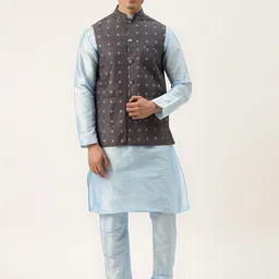 SOJANYA Men Blue & Charcoal Grey Kurta with Churidar And Nehru Jacket-image-26
