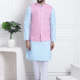 SOJANYA Mandarin Collar Regular Cotton Kurta & Churidar With Nehru Jacket-picture-1