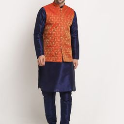 Men Navy Blue Kurta and Churidar with Nehru jacket-picture-21