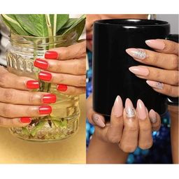 LICK Pack Of 2 Acrylic Press on Nails With Quick Dry Nail Glue - Beige Sparkles & True Red-18