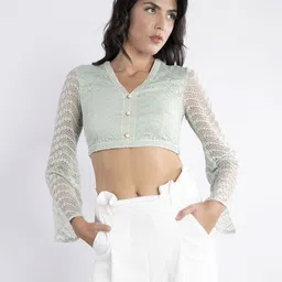 Stylecast X Hersheinbox Floral Self Design Flared Sleeve Lace Crop Top-image-97