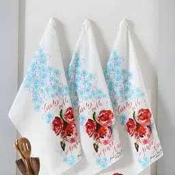 TARAN LIVING 3-pcs White & Blue Printed Cotton Kitchen Towels-42
