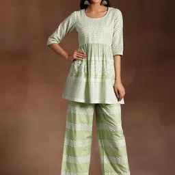 Libas Chevron Embroidered Pure Cotton A-line Tunic & Palazzos-image-3