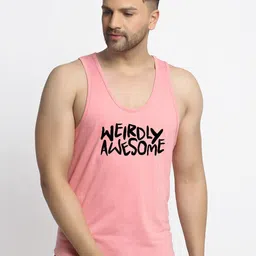 Friskers Men Coral-Pink Printed Pure Cotton Innerwear Gym Vest-image-46
