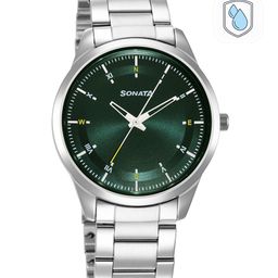 Sonata Men Green Brass Dial & Silver Toned Stainless Steel Bracelet Style Straps Analogue Watch 7146SM03-45