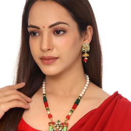Yellow Chimes Gold-Plated & White Long Kundan Beaded Charm Jewellery Set-17